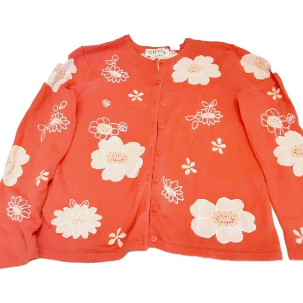 Orvis Vintage Sweater Cardigan Sz S Orange Embroidered Floral Retro 1960s Style